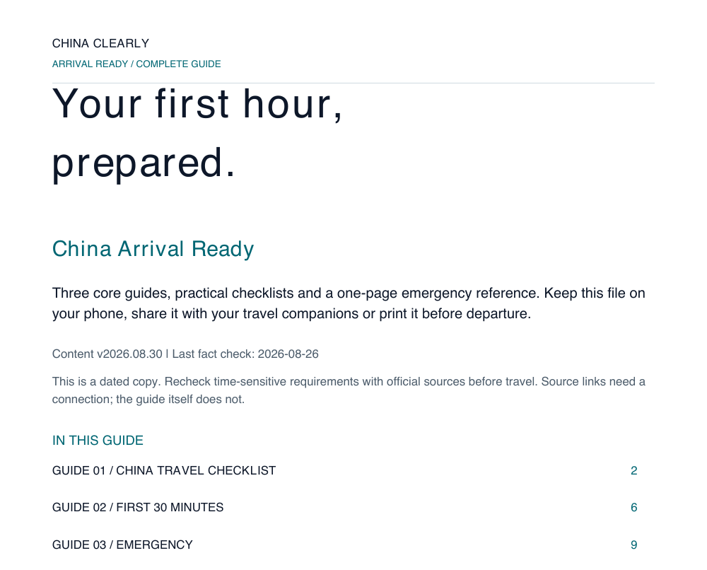 Top of the existing China Arrival Ready PDF, including its title and dated-copy notice.